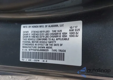 2018 Honda Ridgeline Rtl-T from USA, damaged, VIN 5FPYK3F63JB006329